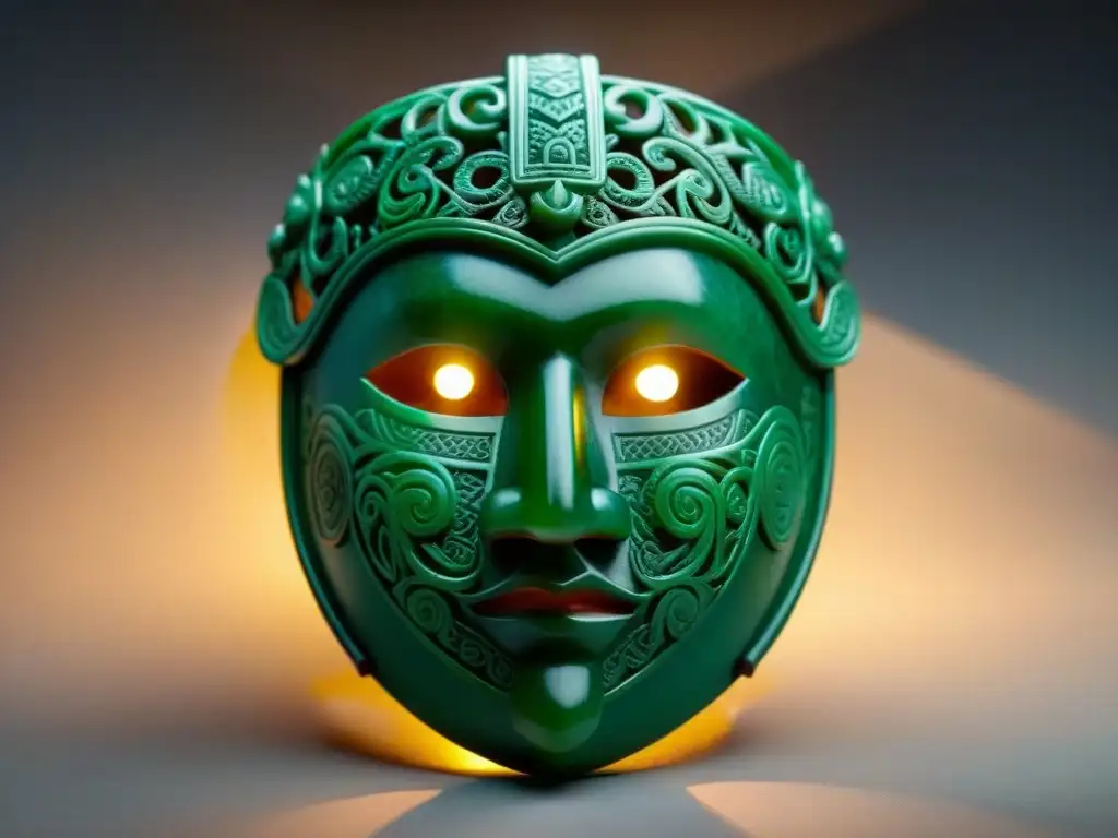 Máscara ceremonial de jade maya: poder y espiritualidad Una máscara ceremonial de jade maya, con intrincados detalles que simbolizan poder y espiritualidad