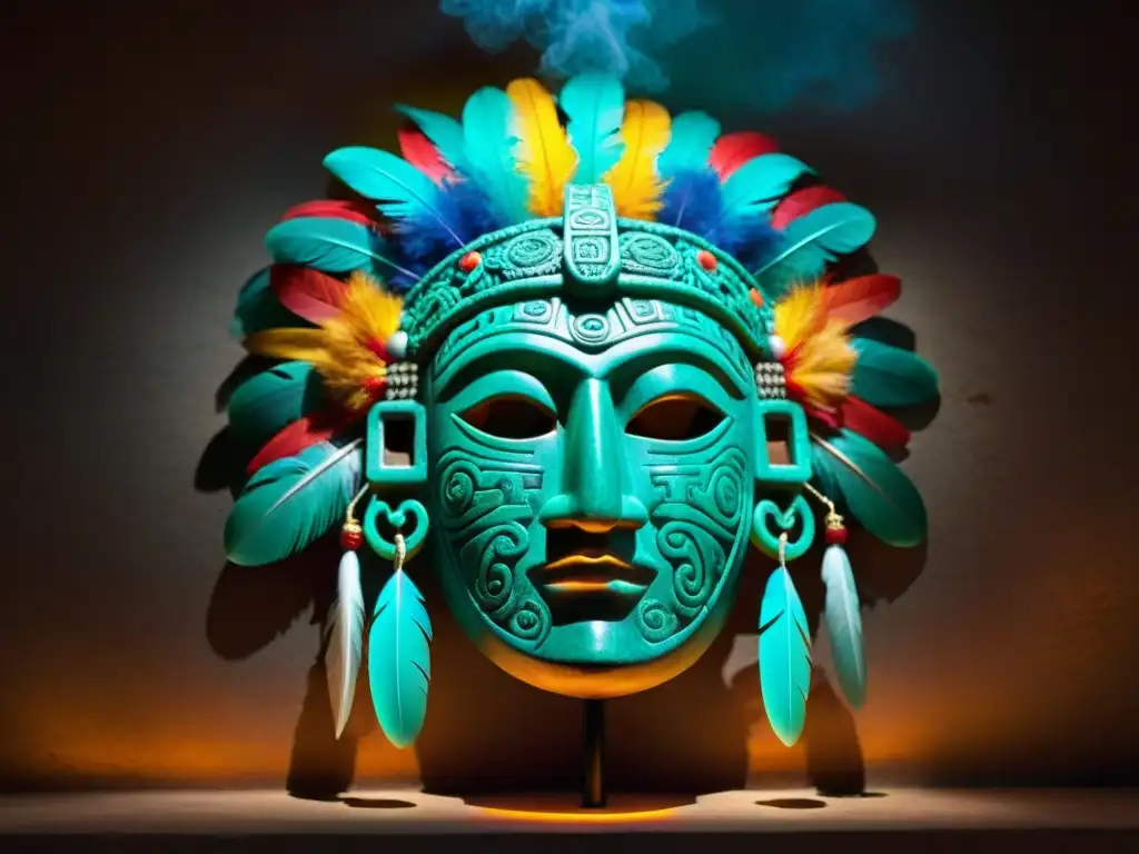 Máscara ceremonial maya de jade: misterio y sabiduría ancestral Máscara ceremonial maya de jade con plumas y símbolos, iluminada por antorchas en cámara ritual