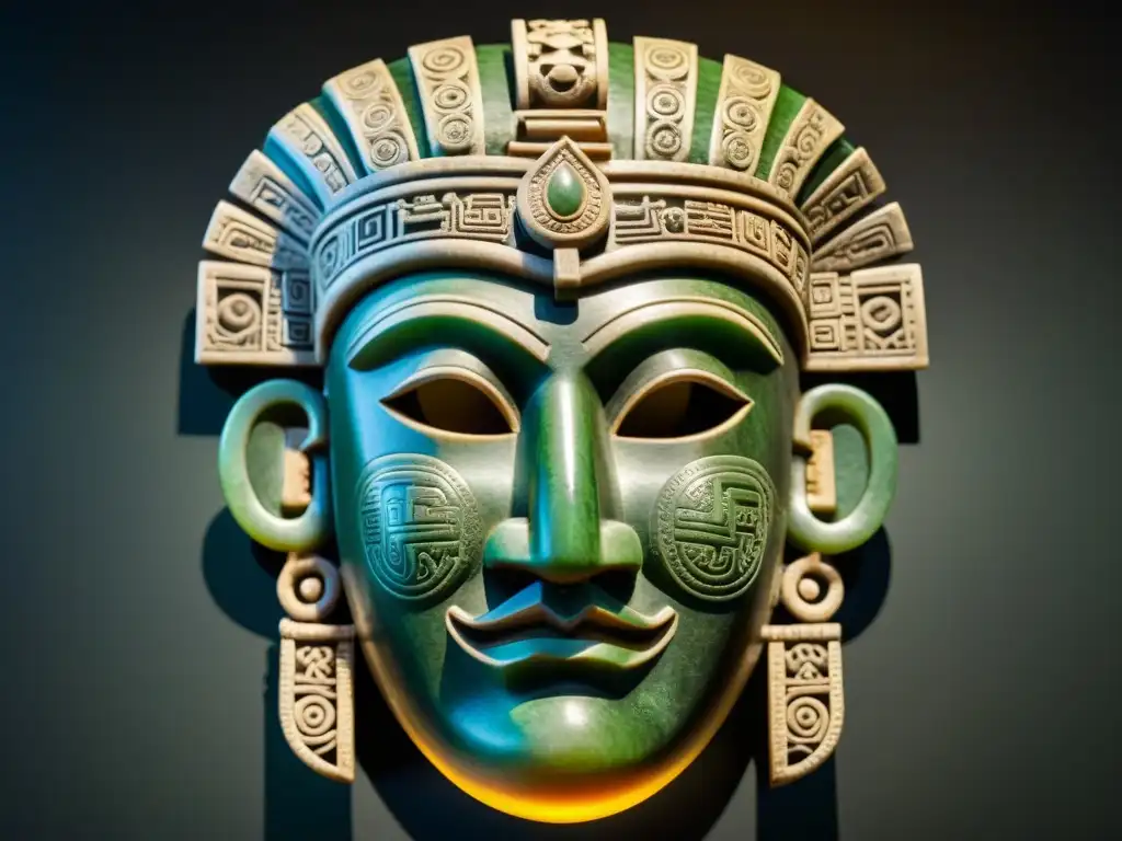 Una máscara maya de jade, detallada y fascinante, iluminada en un fondo oscuro de museo