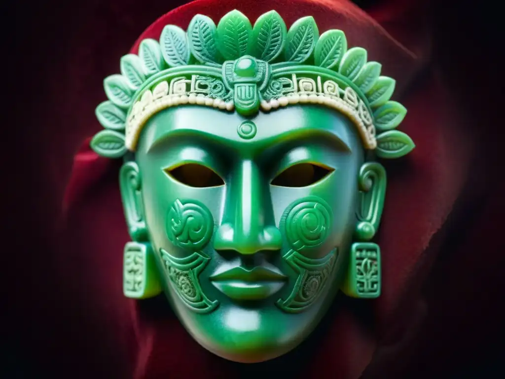 Una máscara maya jade con detalles intrincados iluminada suavemente sobre terciopelo negro, arte maya piezas más cotizadas