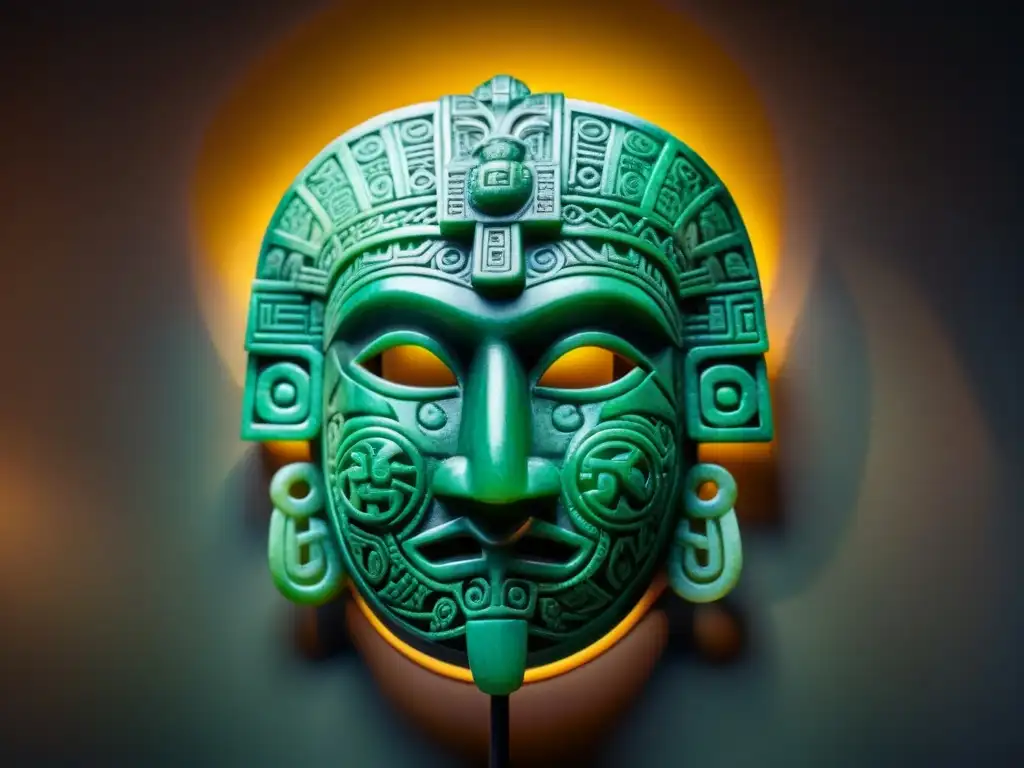 Máscara maya de jade con símbolos espirituales en tonos verdes brillantes, resaltando su artesanía detallada