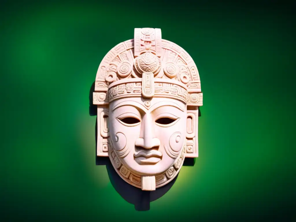 Una máscara maya de jade, tallada con símbolos de la vida y la iluminación espiritual, inmersa en naturaleza exuberante