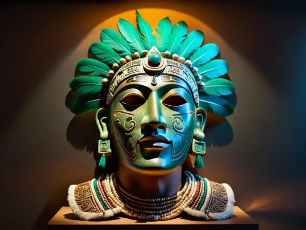 Una máscara mortuoria maya de jade con plumas y piedras preciosas, reflejando la conexión entre vida y muerte en la cultura maya