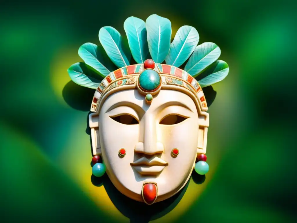 Mask de jade tallada con piedras preciosas, reflejando la importancia de gemas en la cultura maya, en selva exuberante