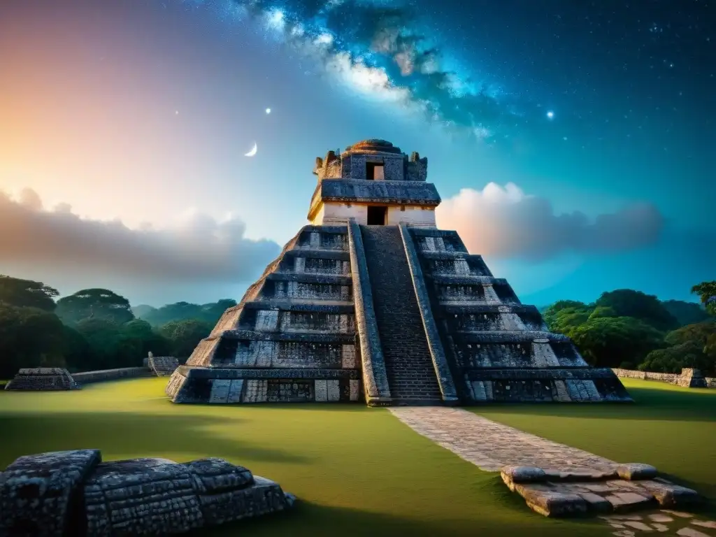 Un matemático maya observa eventos celestiales en un observatorio, demostrando su avanzado conocimiento de astronomía y matemáticas