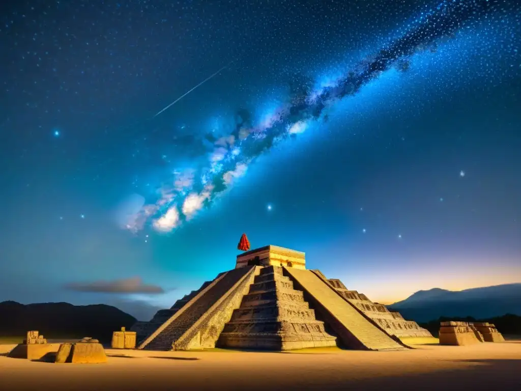 Un matemático maya usando un nepohualtzintzin y observando estrellas con instrumentos astronómicos