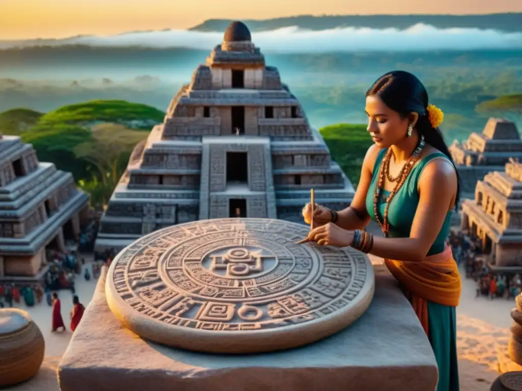 Un matemático maya talla símbolos numéricos en una tableta de piedra en un bullicioso mercado maya al atardecer