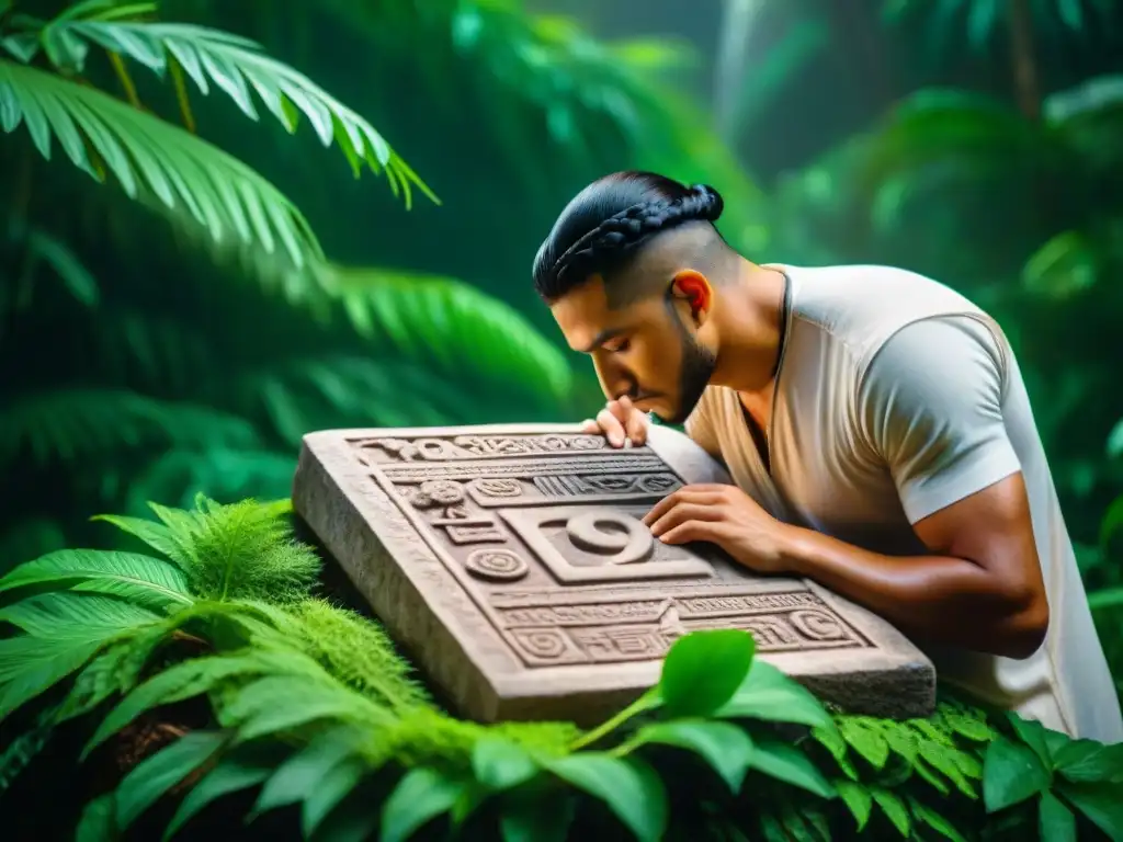 Un matemático maya talla símbolos numéricos en una tableta de piedra, en la selva