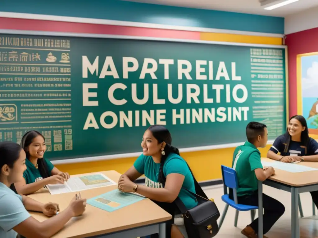 Material didáctico cultura maya educación: Estudiantes diverso en aula luminosa aprenden sobre la fascinante cultura maya