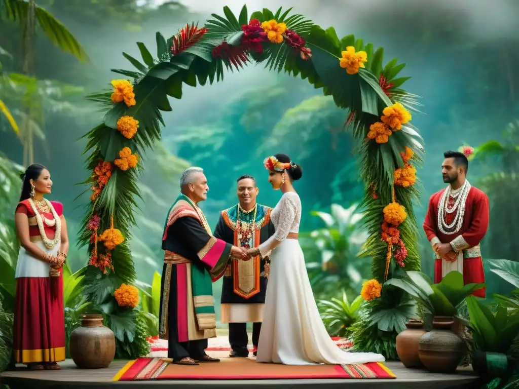 Matrimonio maya en la selva: ritual espiritual bajo un arco floral, colores vibrantes y ancestrales