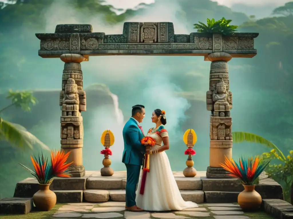 Matrimonio maya tradicional: intercambio de votos bajo un arco ceremonial con símbolos mayas, rodeados de la comunidad