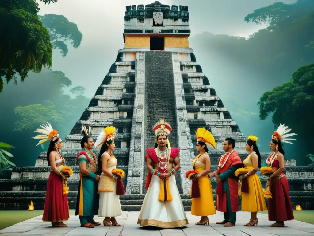 Matrimonios como estrategia diplomática maya: ceremonia nupcial lujosa entre nobles mayas en templo adornado y exuberante vegetación