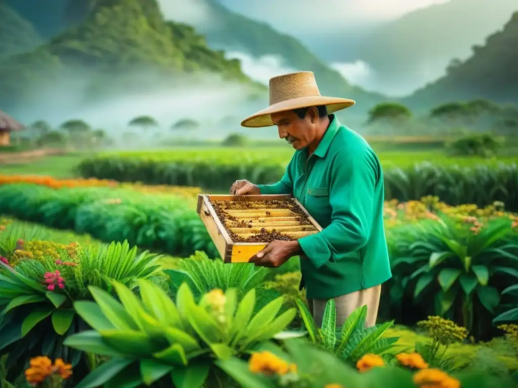 Un maya cuida abejas en campo verde con hierbas medicinales