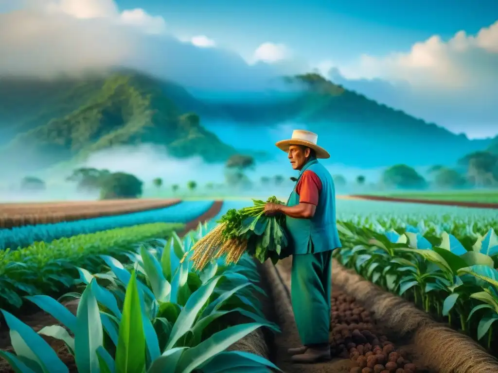 Un maya agricultor sostenible cuidando su milpa con maíz, frijoles y calabaza, muestra la armonía con la naturaleza