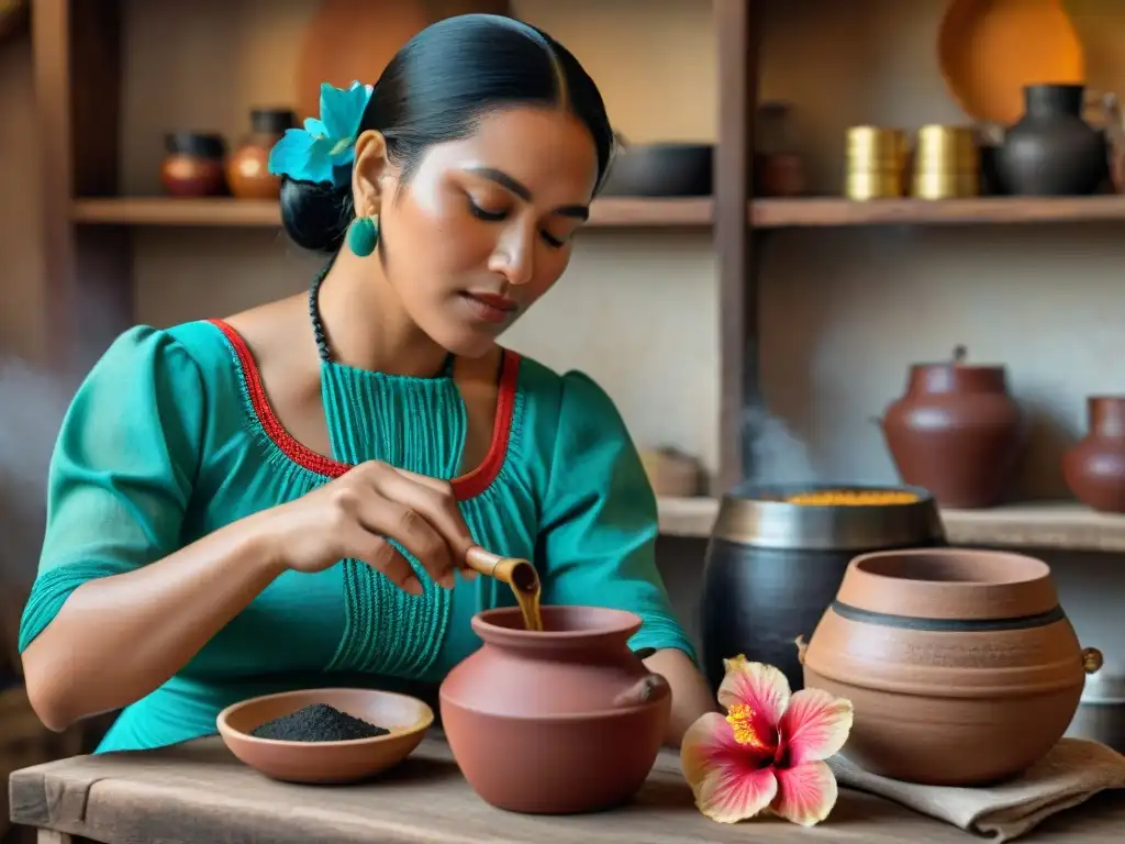Preparación ancestral de Agua de Jamaica por mujer maya en cocina rústica Maya prepara agua de flor de Jamaica en cocina tradicional