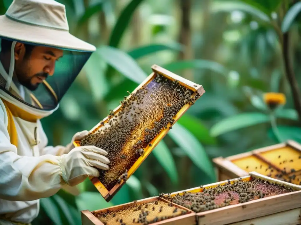 Un maya apicultor cuida con delicadeza las abejas Melipona en su colmena, en armonía con la naturaleza