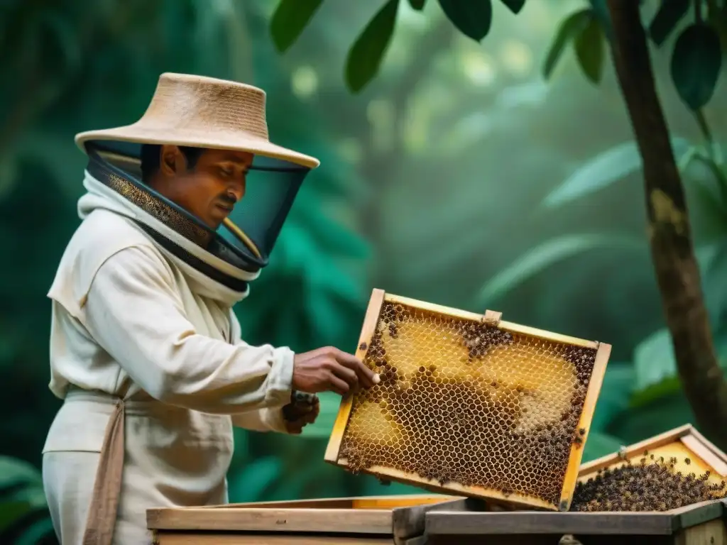 Un maya apicultor cosechando miel de abejas Melipona con herramientas ancestrales en la selva