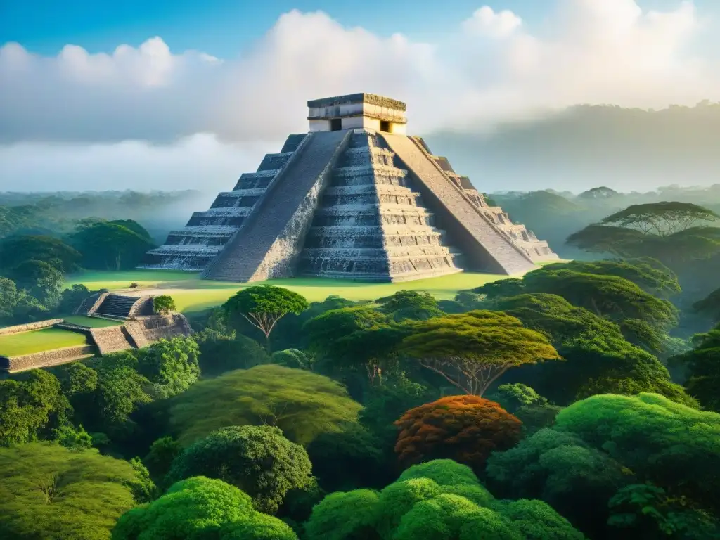 Geometría maya en arquitectura: antiguas pirámides entre exuberante selva, bañadas por cálida luz dorada