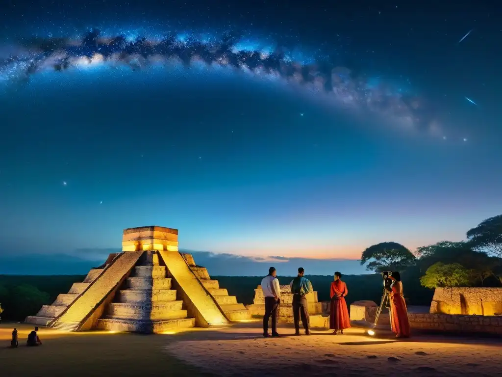 Observación estrellas fauna maya: Astrónomos mayas modernos observan el cielo estrellado junto a ruinas antiguas