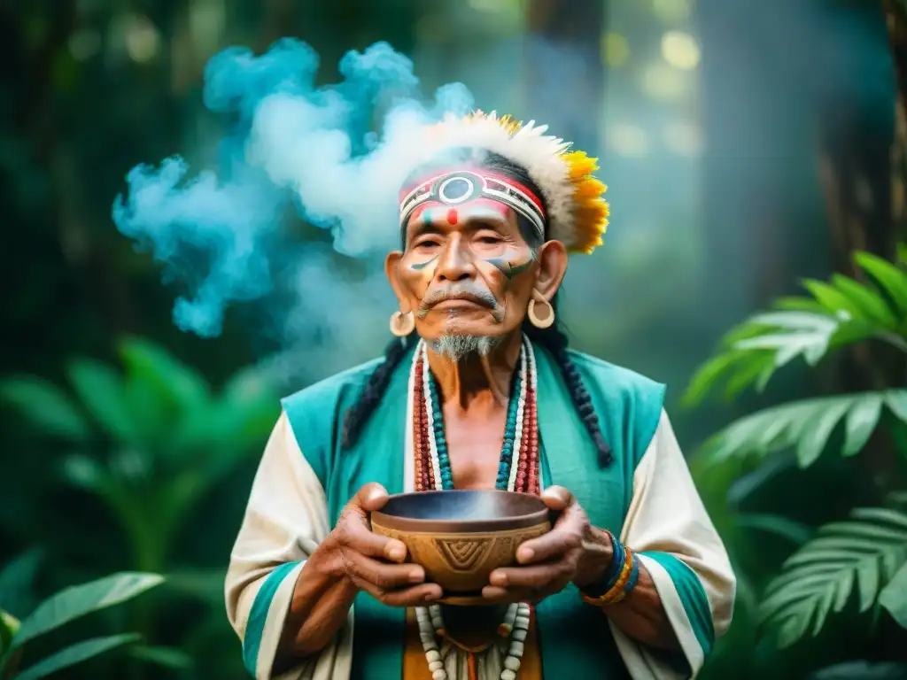 Shamán maya en bosque con plantas medicinales, realizando ceremonia de sanación