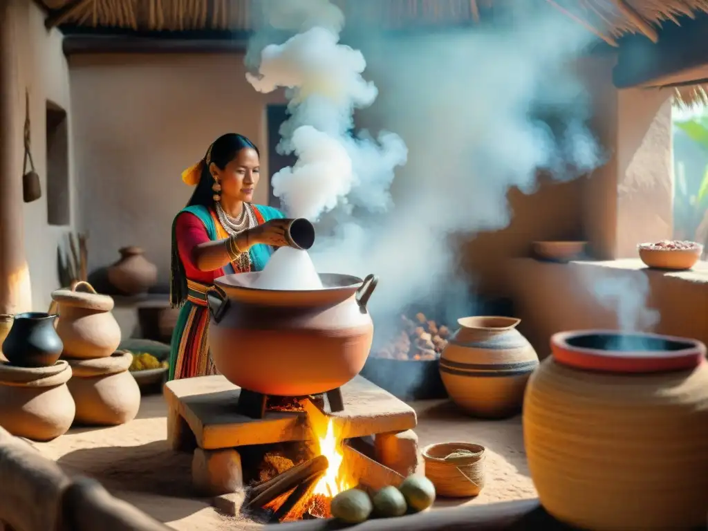 Una maya prepara cacao en cocina rústica con ingredientes tradicionales, evocando la historia de las bebidas mayas