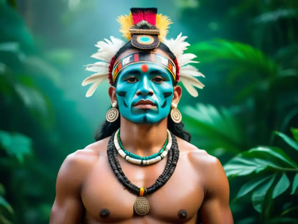 Shamán maya en ceremonia espiritual en la selva: atuendo vibrante, pintura facial detallada y ambiente místico con velas