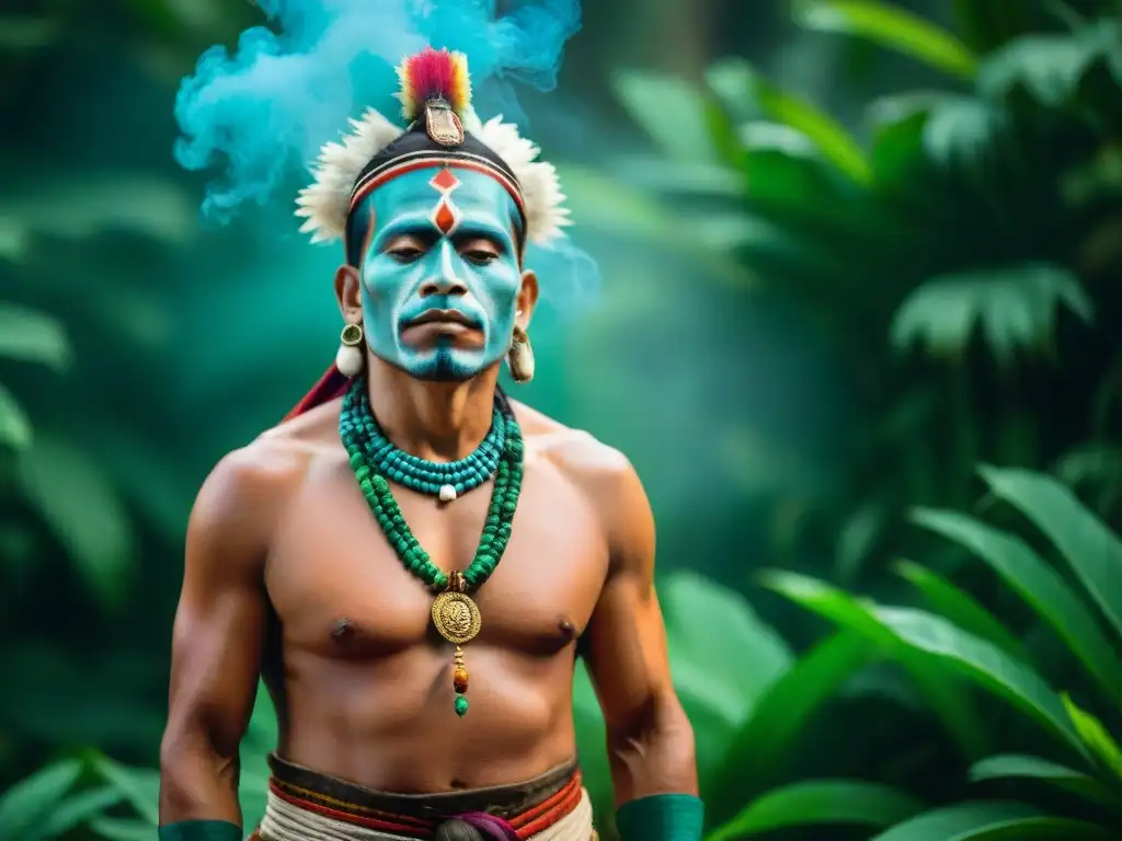 Shamán maya realizando ceremonia de sanación en jungla exuberante, con vestimenta ceremonial vibrante y pintura facial detallada, utilizando hierbas sagradas y copal humeante