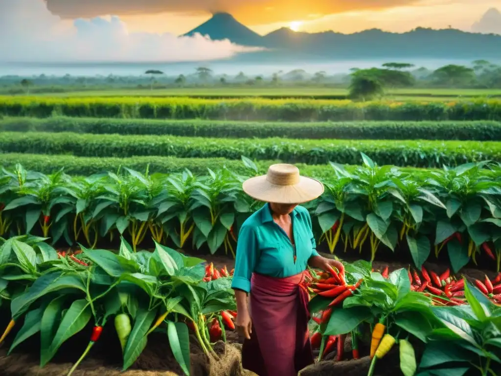 Un maya cosechando chiles y especias en un campo bajo el sol de Yucatán