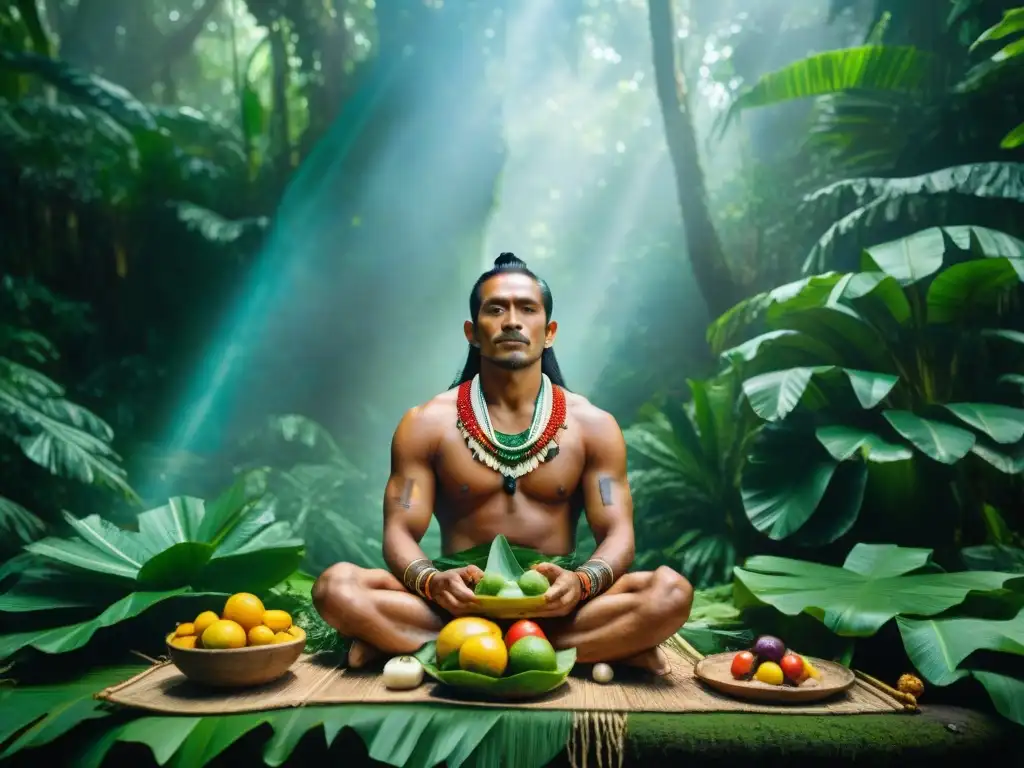 Shamán maya preparando comidas espirituales en retiro, rodeado de exuberante vegetación