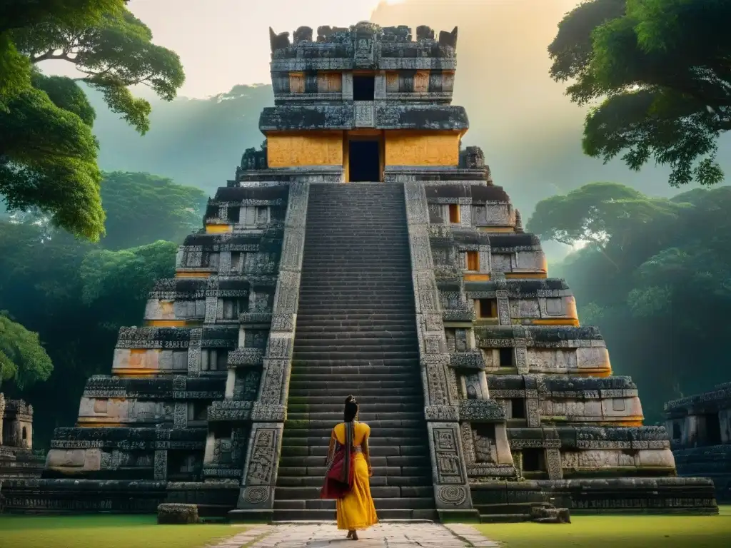 Ingeniería maya en construcción moderna: Detalles de templo maya con exquisitas esculturas de piedra y vegetación exuberante al atardecer