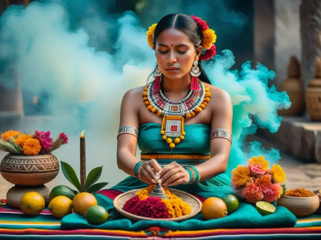 Una maya contemporánea cuidadosamente adorna un altar con flores y frutas, conectando con las prácticas culturales mayas contemporáneas