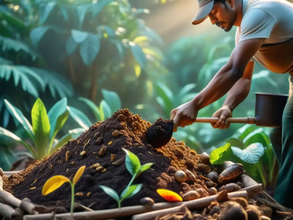 Un maya cuidadoso gestiona compost y agua con amor en la naturaleza exuberante