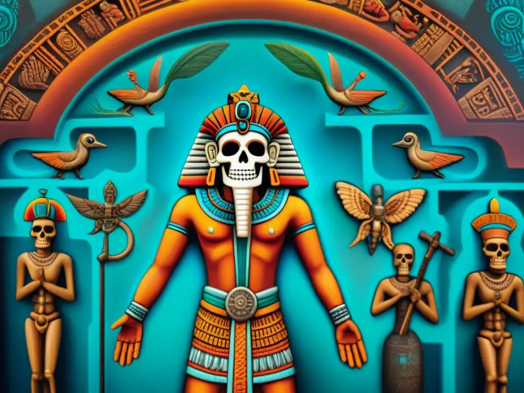 Una representación maya detallada de la vida después de la muerte, con vibrantes colores y complejas escenas del inframundo