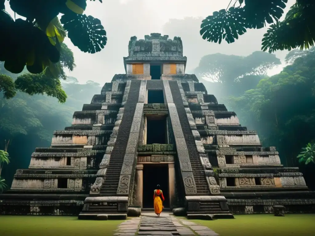 Ingeniería maya: detalladas esculturas de piedra en templo, iluminadas por luz del sol en la densa selva