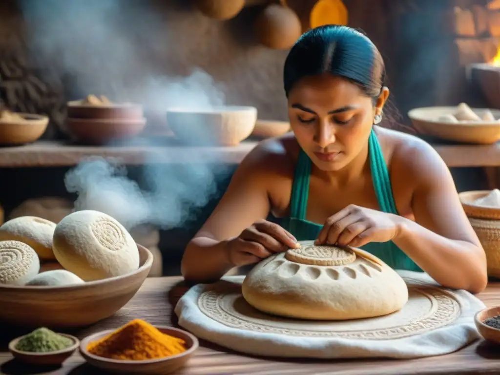 Una maya experta moldea el misterioso pan maya tradicional Buli en una cocina tradicional