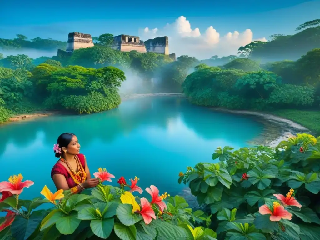 Maya recolectando flores de Jamaica: belleza ancestral Maya recolectando flores de Jamaica junto al río, destacando los beneficios del agua de flor de Jamaica en la cultura maya