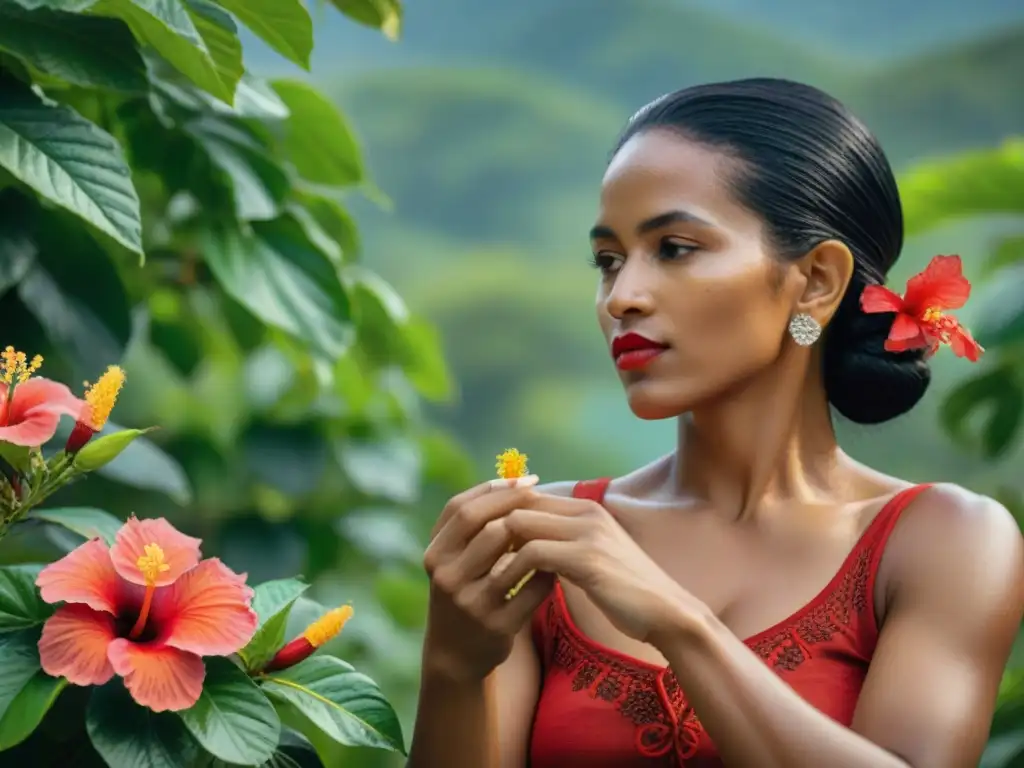 Maya recolectando flores de jamaica: tradición vibrante Una maya recolecta flores de Jamaica, resaltando la tradición de Agua de Jamaica y los beneficios agua flor Jamaica mayas