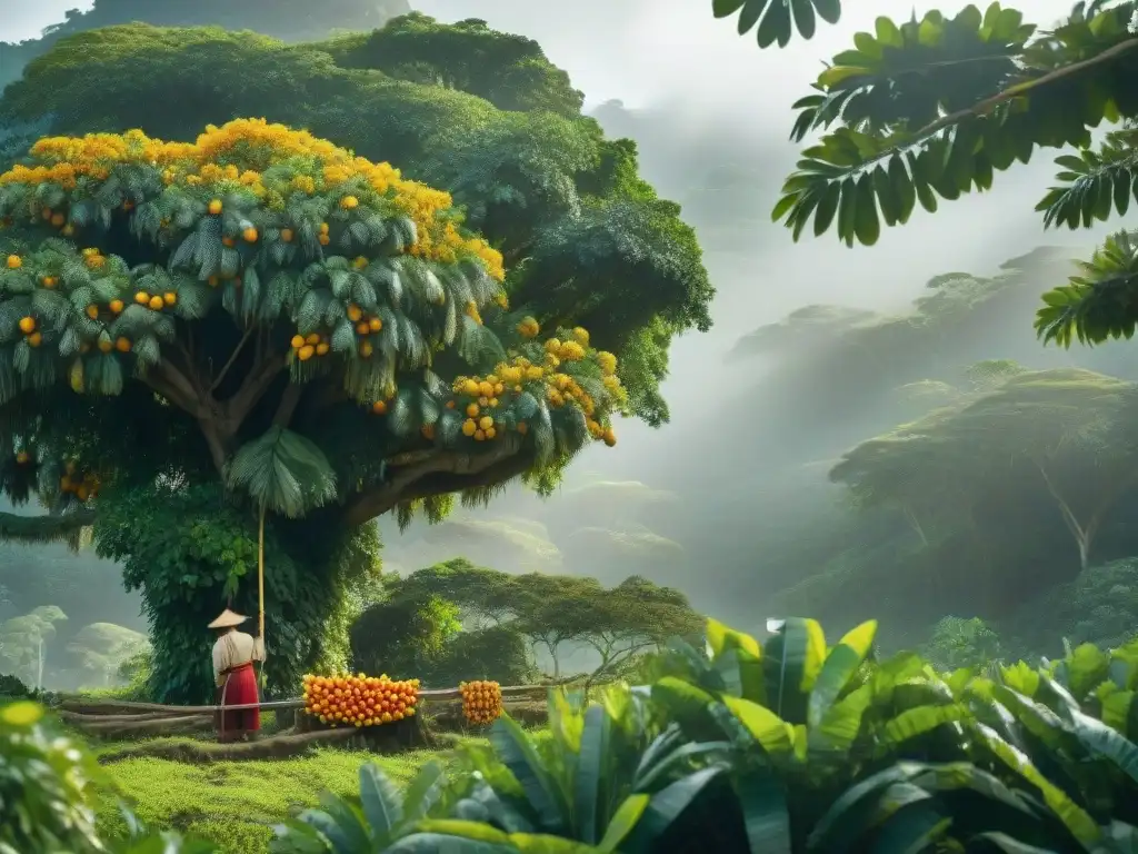 Un maya cosechando frutas de un árbol de pan, rodeado de exuberante vegetación tropical