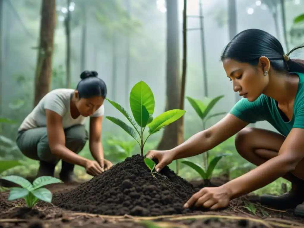 Reforestación maya impacto agua: Mayas plantando árboles con reverencia en el denso bosque, bajo la luz del sol