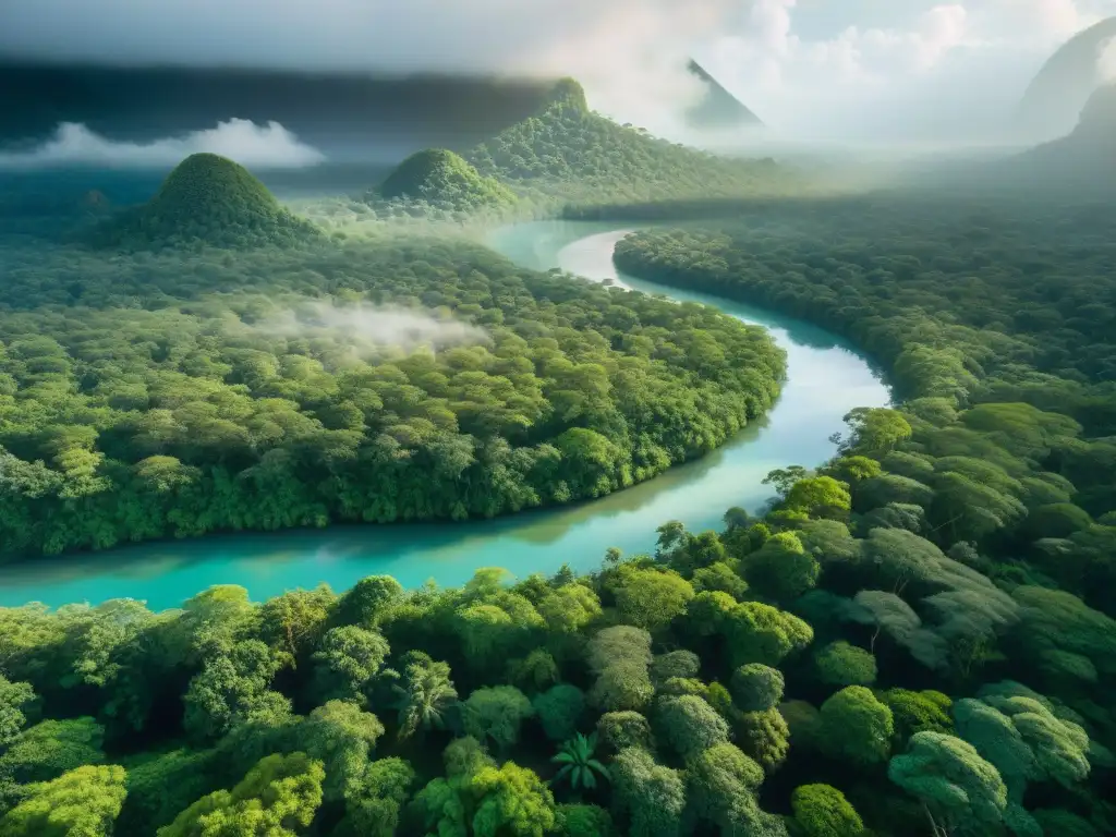 Reforestación maya impacto agua: Fotografía detallada de un exuberante bosque con un río claro serpenteando entre la densa vegetación