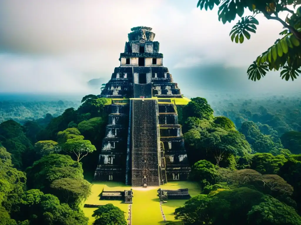 Expedición cultura maya Tikal: Imponente templo maya rodeado de exuberante selva, con sombras misteriosas y detalles intrincados