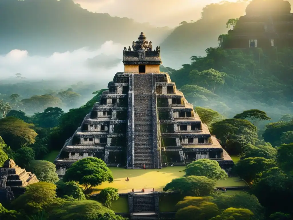 Religión en la civilización maya: Intrincadas carvings y pirámides mayas al atardecer, resaltando la armonía con la naturaleza