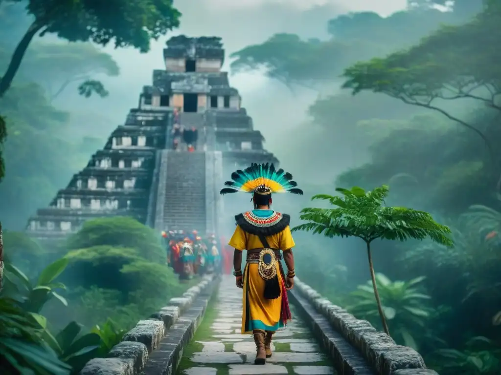 Una procesión maya en la jungla: hombres y mujeres con atuendos ceremoniales y coloridas plumas en Rutas de peregrinación maya educativas