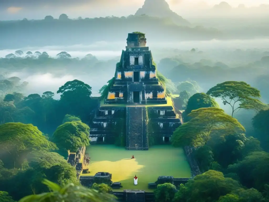 Práctica de yoga y meditación en Maya al amanecer en Tikal, con la luz dorada del amanecer sobre las ruinas