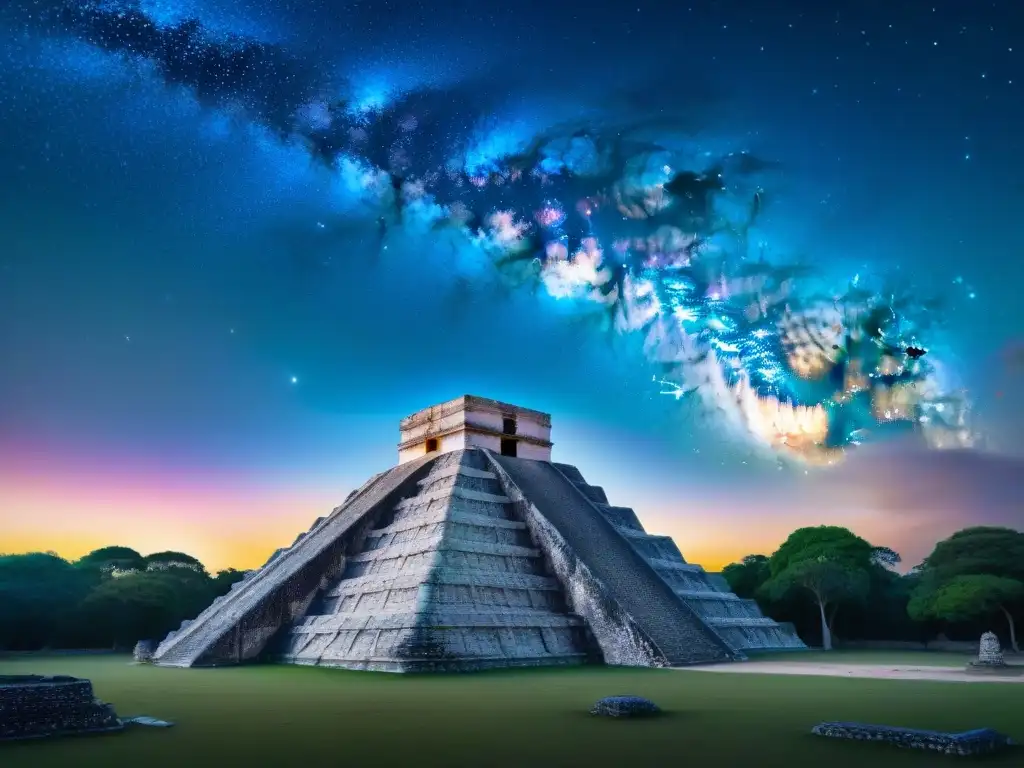 Observación estrellas fauna maya: Noche mágica sobre ruinas mayas, jaguar en silueta bajo la Vía Láctea y constelaciones brillantes