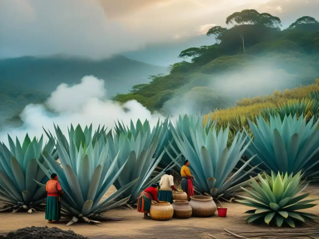 Celebración maya alrededor de un maguey para producir pulque, resaltando el papel del pulque en sociedad maya