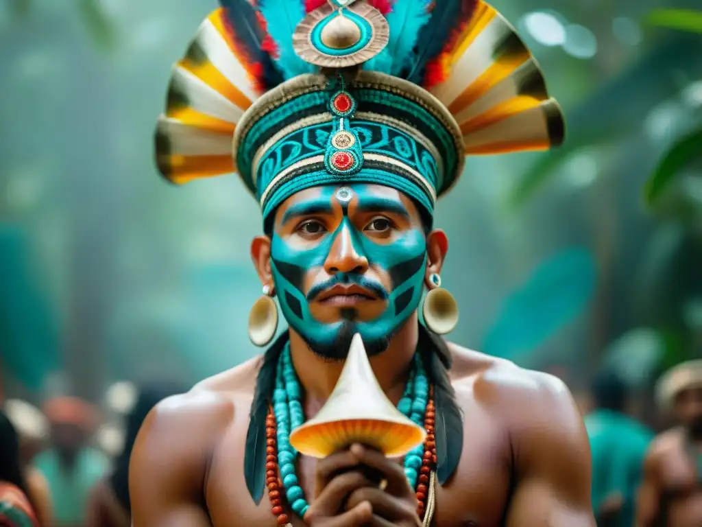 Shamán maya con caracol marino en ceremonia ancestral en la selva