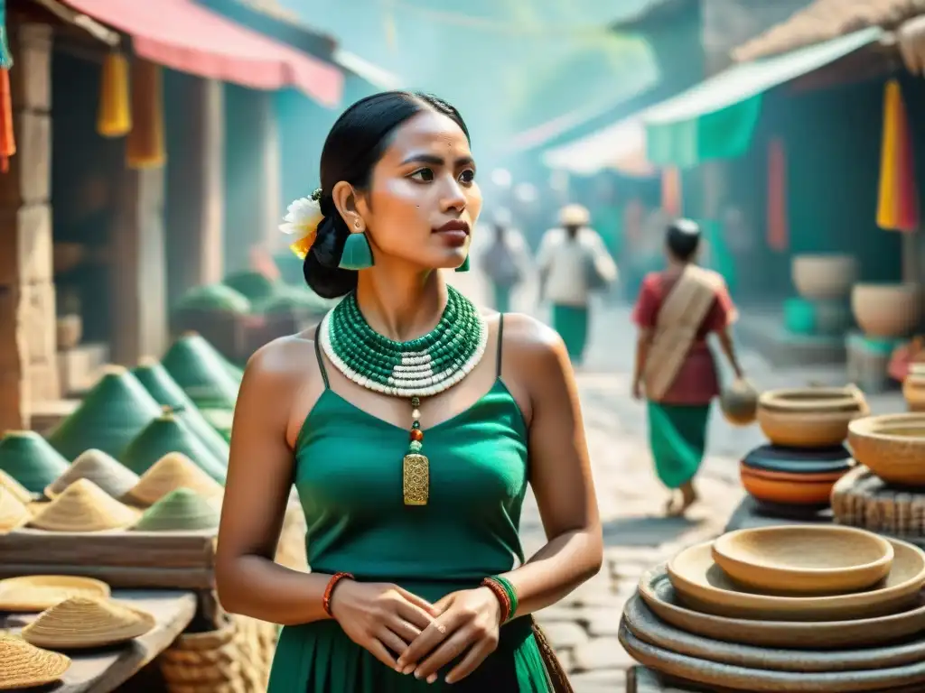 Una maya con joyería jade en mercado vibrante