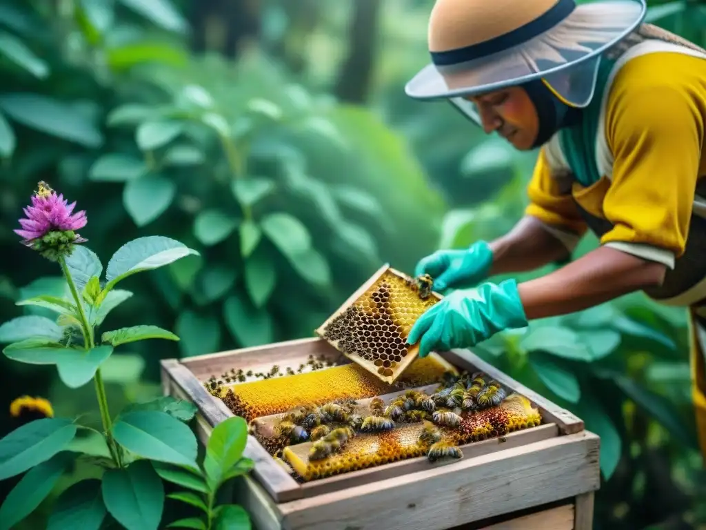 Maya recolectando miel de abejas, rodeado de hierbas medicinales y naturaleza exuberante