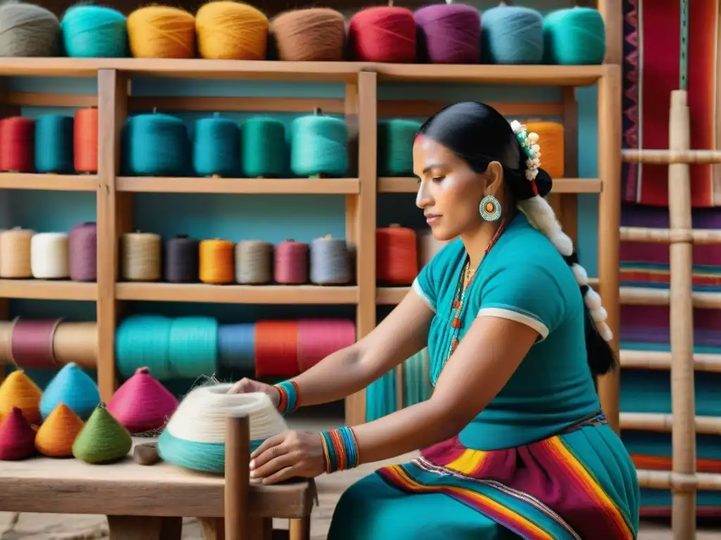 Maya mujeres hilando con tecnología textil innovadora en ambiente colorido y tradicional